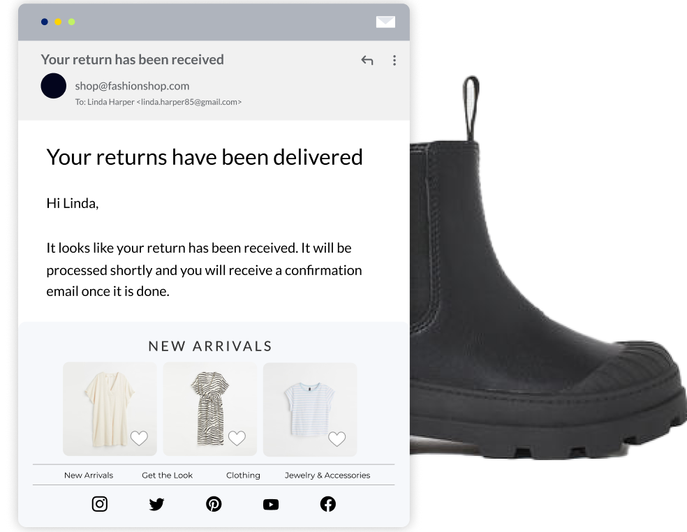 A picture of a black cheslea boot behind an image of a returns email notification that has a retailers branded and has targeted items that fit the consumers specifications.