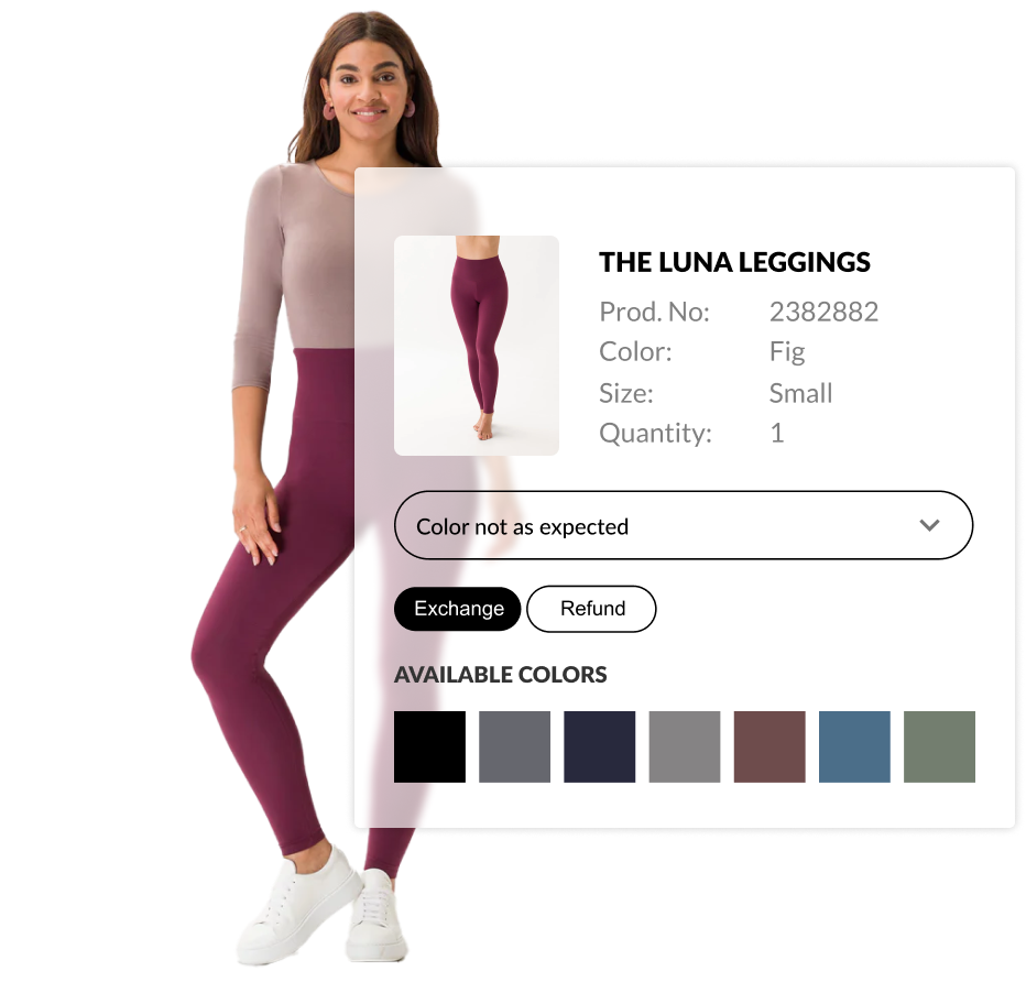 Requesting an exchange for leggings in which the color was not as expected with the option to select a different color