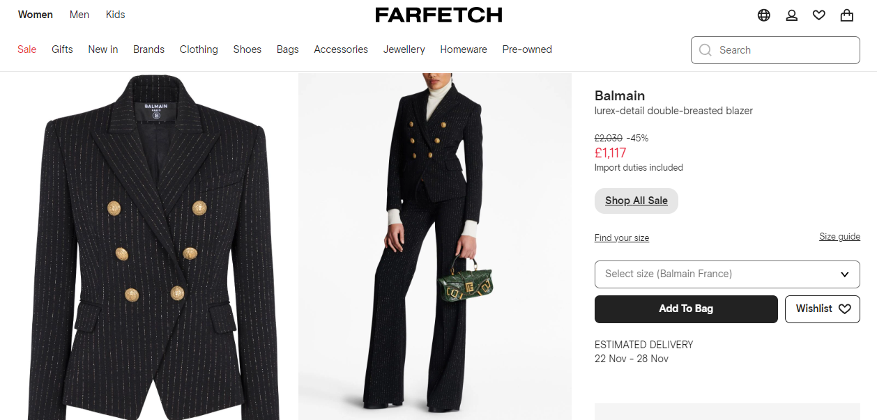 Farfetch product detail page for a women's blazer