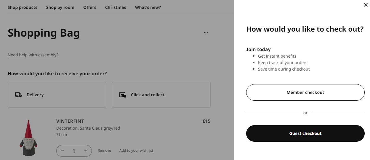 Ikea checkout example with a member log in or guest check out option