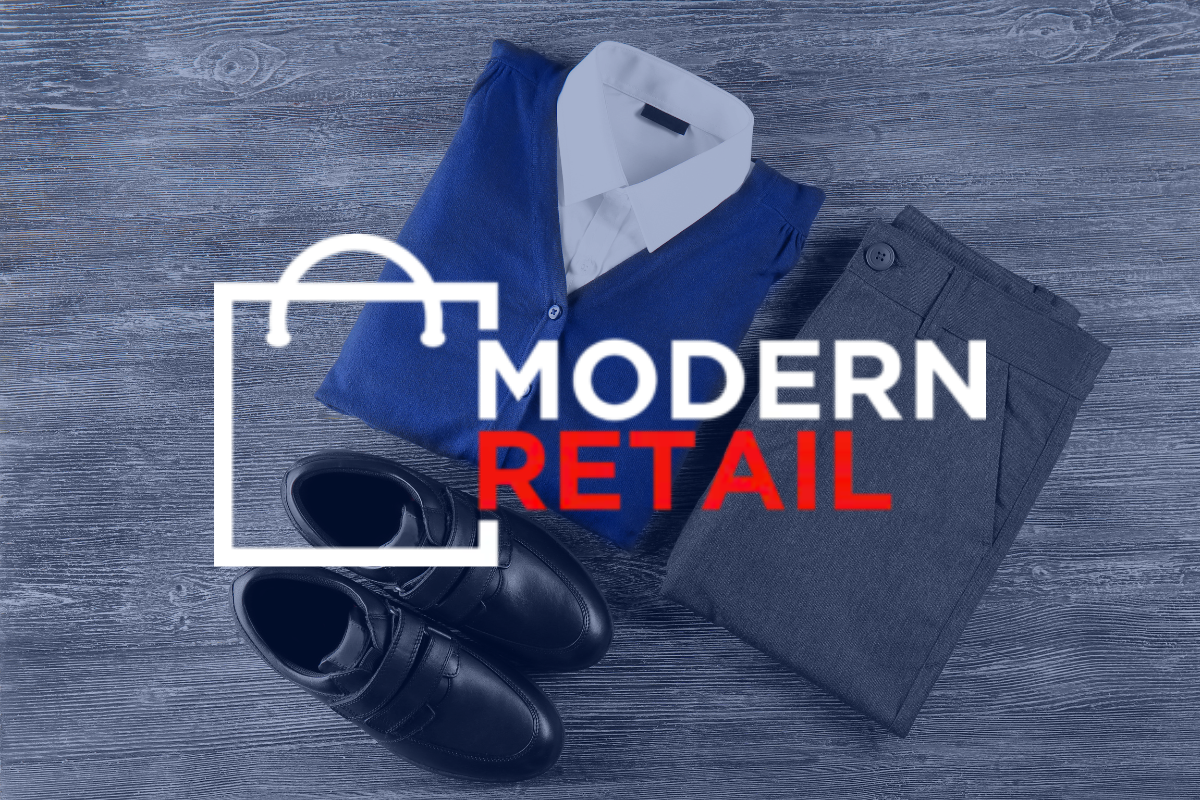 Modern Retail logo over a folded school uniform