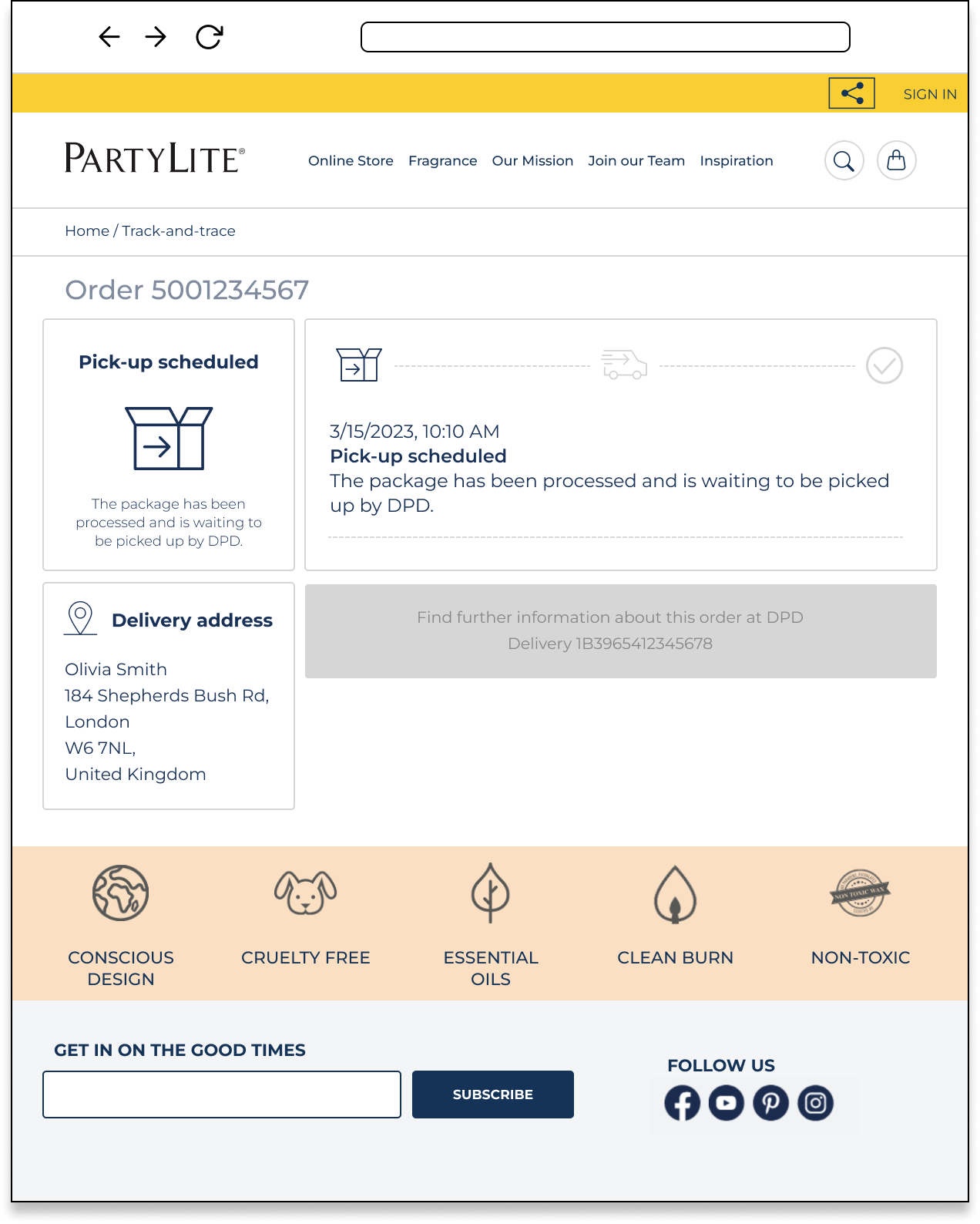 PartyLite order tracking page