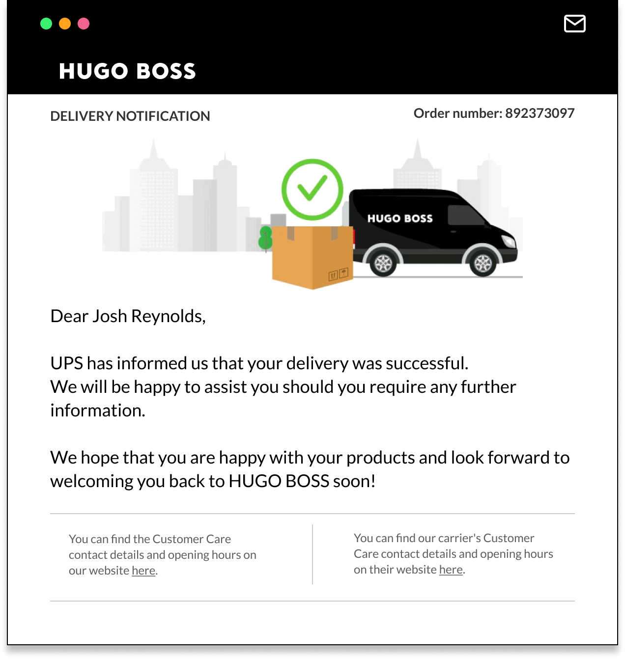 Post-Purchase Email from Hugo Boss