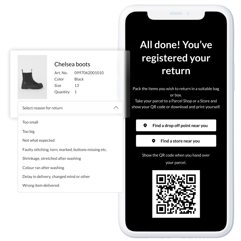 An image of a phone with a confirmation screen for a customer registering a return next to an image of chelsea boots and a drop down asking for a reason for the return.