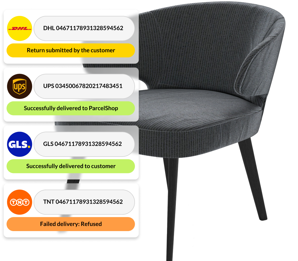Four carrier return tracking numbers and details next to a grey accent chair.